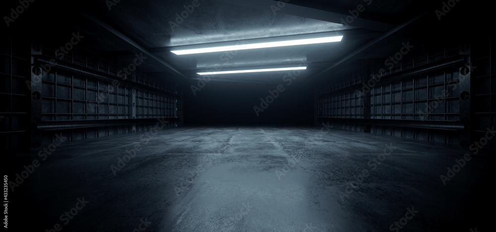 Fototapeta premium Dark Concrete Led White Lights Underground Tunnel Corridor Cement Asphalt Hallway Warehouse Tunnel Corridor Metal Structure Realistic Empty 3D Rendering