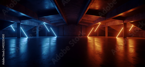 Fototapeta Naklejka Na Ścianę i Meble -  Neon Warehouse Sci Fi Futuristic Grunge Purple Blue Glowing Laser Electric Concrete Hallway Showroom Corridor Club Dark Tunnel Realistic Background Beams 3D Rendering