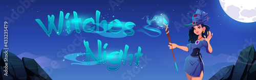 Witches night cartoon banner, invitation to Halloween party or holiday celebration, sexy enchantress woman in costume and hat with magic staff or wand stand under full moon glow, Vector illustration