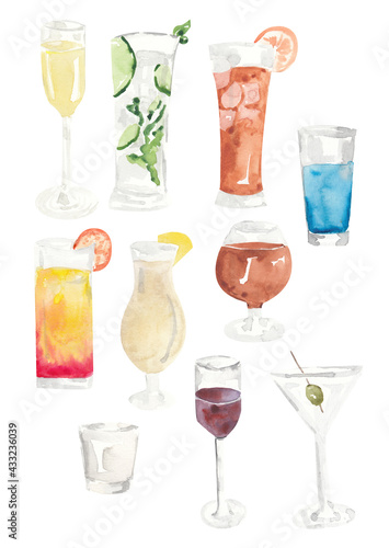 watercolor set of drinks, alcohol cocktails