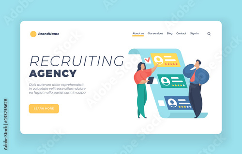 Recruiting agency landing page website banner template. HR managers choosing best candidate. Searching for new employee. Recruit agents comparing employees rating. Vector illustration