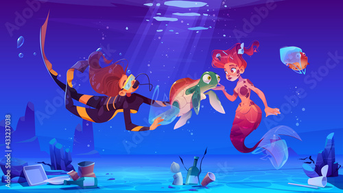 Diver girl and mermaid help underwater animals living in polluted water with plastic garbage. Wastes floating in sea. Save our ocean, ecology protection, pollution concept, Cartoon vector illustration