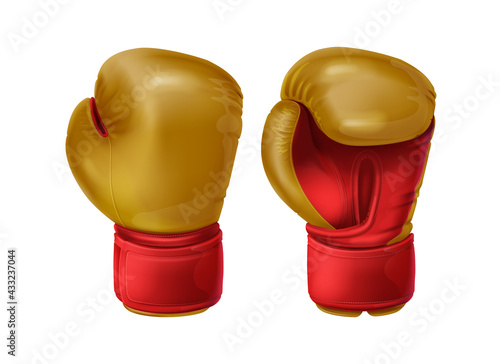 Realistic red pair leather boxing gloves. Sport equipment to protecting hands in fist fight. Boxer sportswear for punch workout., shockproof sparring, combat or training on punching bag.