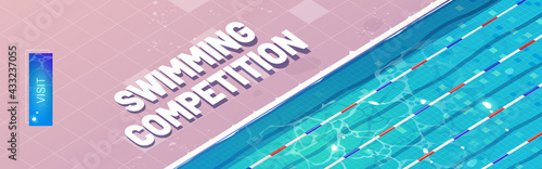 Swimming competition cartoon landing page. Sport pool, top view with blue ripped water, ceramics floor and lanes or paths for dip. Empty reservoir for sports activity and training, vector web banner