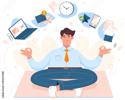 Flat man sitting in lotus position, practicing mindfulness meditation with office icons. Worker doing yoga on workplace. Emotional balance, stress relief concept. Healthy mind and body of businessman.