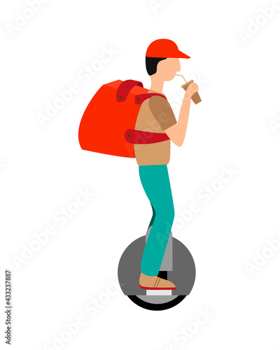 Delivery of goods, pizza, man, rides fast on a monowheel, fast delivery, driving without obstacles, modern mode of transportation, delivery. Vector illustration