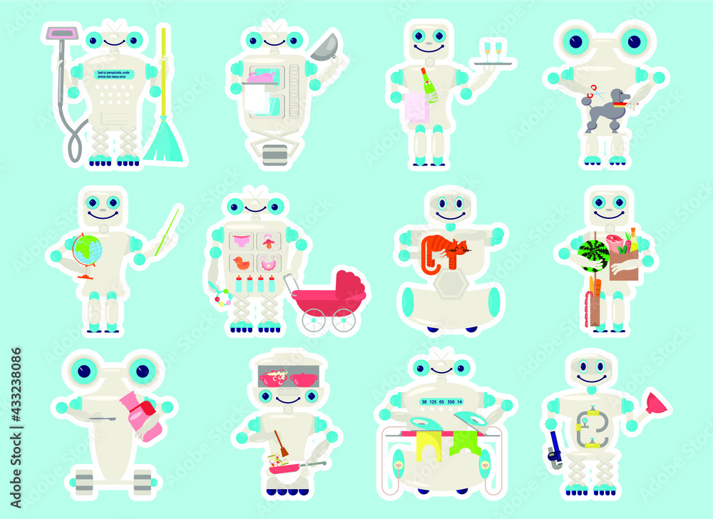 Cute sticky labels decorated with robot assistant