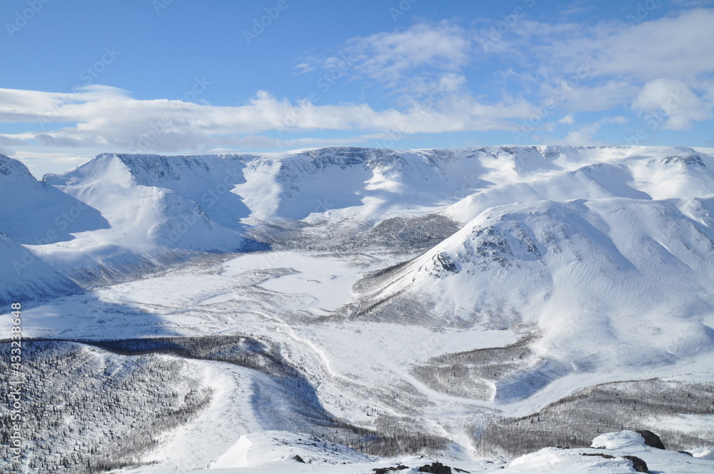 Scenic view of hills and mountains under snow in Khibiny, Russian Federation Scenic view of hills and mountains under snow in Khibiny, Russian Federation