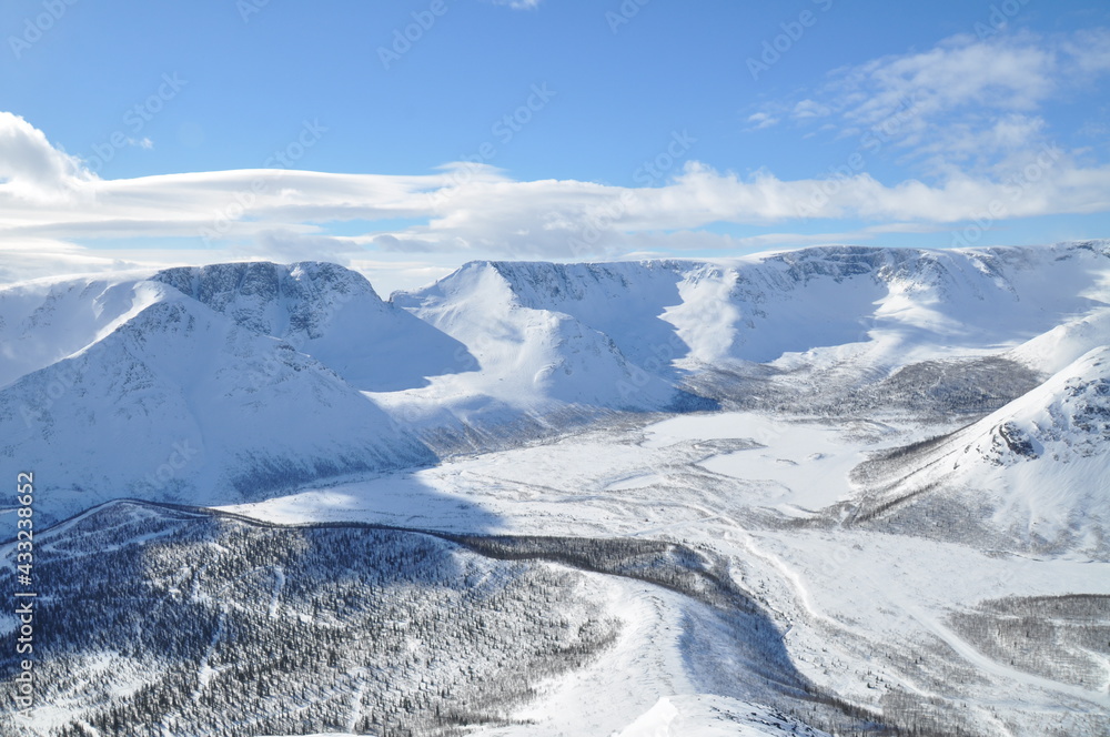Majestic view of mountain rocky snow covered landscapes in Khibiny, Russian Federation