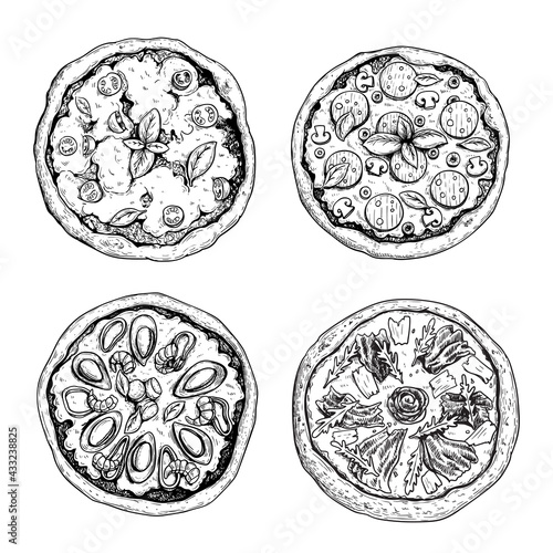 Hand drawn pizza. Top view. Sketch style. Margarita, with salami and mushrooms, Frutti di Mare (seafood) pizza and Prosciutto crudo pizza. Traditional Italian food. Best for menu and package.