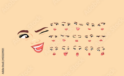 Female abstract cartoon face expression variations, emotions collection set #1, vector illustration