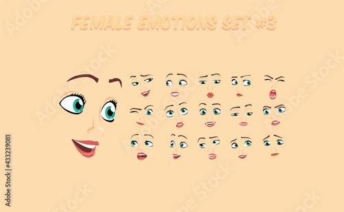 Female abstract cartoon face expression variations, emotions collection set #3, vector illustration