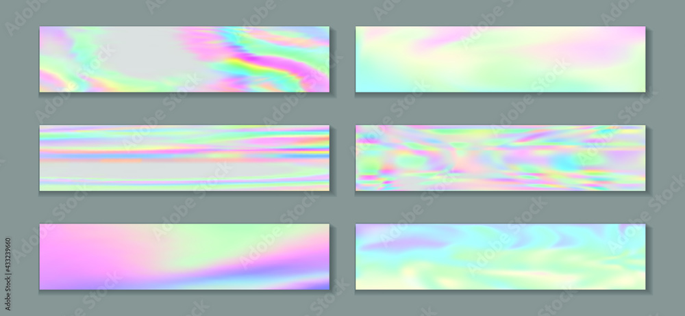 Fototapeta premium Holographic vibrant banner horizontal fluid gradient princess backgrounds vector collection. Romantic neon holo texture gradients. Fluid graphic design abstract princess backgrounds.