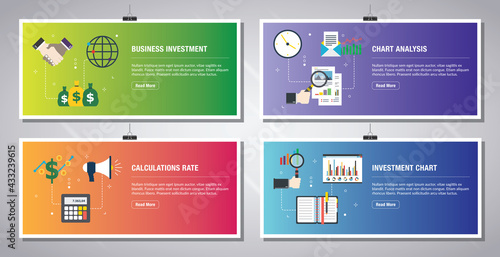 Web banners template in vector with icons of business investment, chart analysis, calculations rate and investment chart. Vector banner template for website and mobile app development with icon set.