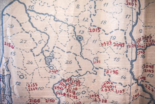 Fototapeta Naklejka Na Ścianę i Meble -  Old paper map of site plan with drawn borders and numbers