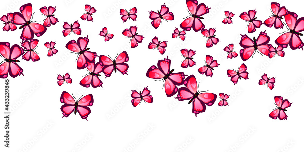 Fairy red butterflies flying vector background. Summer vivid moths. Detailed butterflies flying girly wallpaper. Gentle wings insects patten. Fragile creatures.