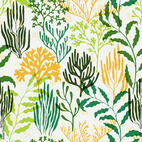 Ocean corals seamless pattern. Kelp laminaria seaweed algae background. Australian staghorn and pillar corals branches. Exotic marine life pattern. Aquatic plants repeating vector background.