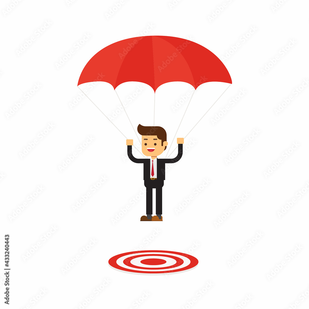 Businessman with parachute focused on a target Businessman with parachute focused on a target