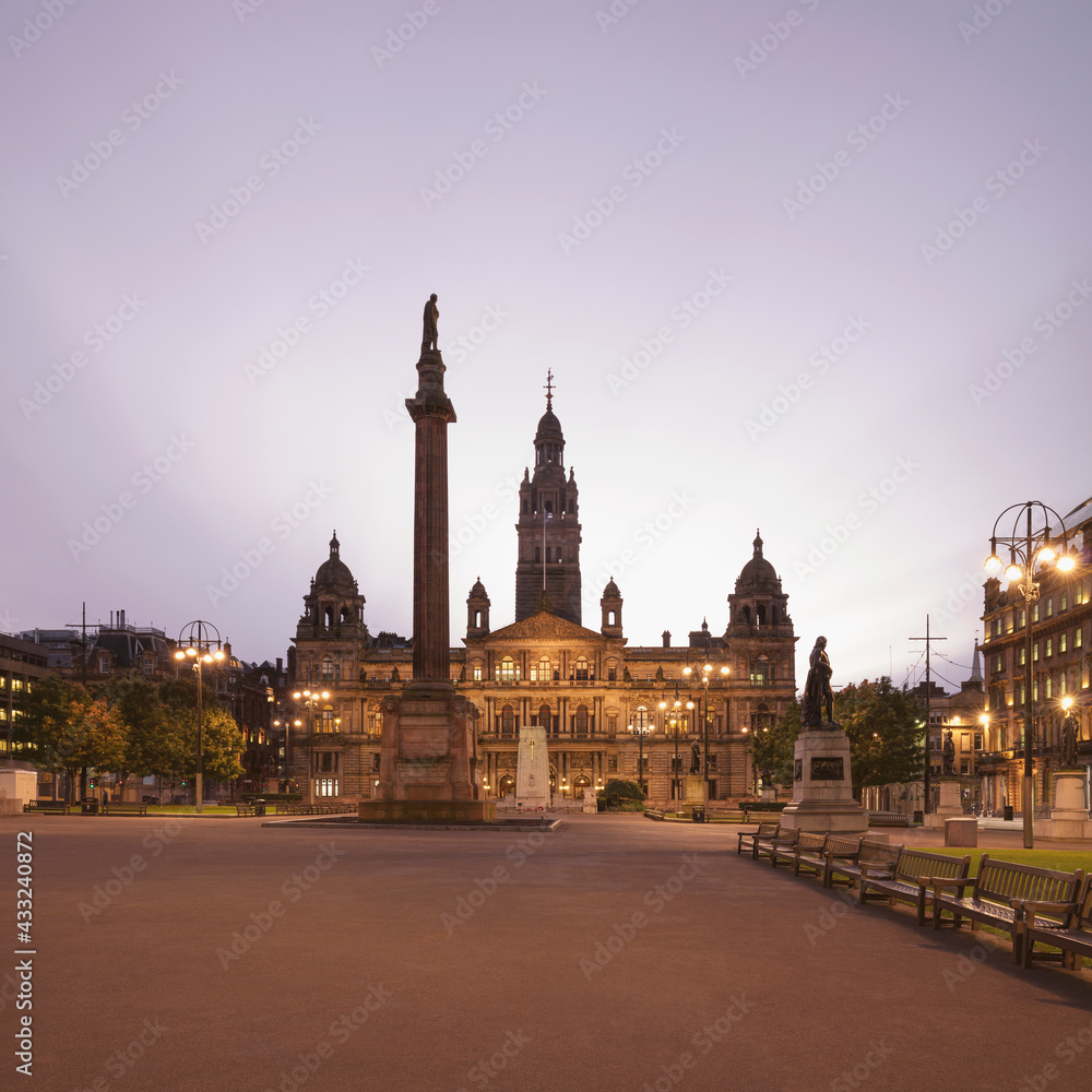 George Square in Glasgow at sunrise, Scotland, UK