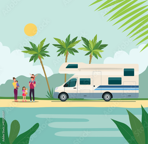 Motorhome with a vacationing family. Vector flat style illustration
