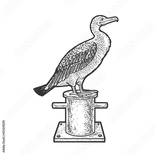cormorant bird on mooring bollard bitt sketch engraving vector illustration. T-shirt apparel print design. Scratch board imitation. Black and white hand drawn image.