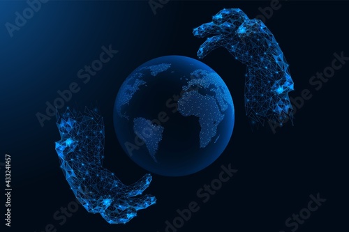 Capture the planet with hands. Environmental protection. Polygonal constructions of lines and points. Blue background.