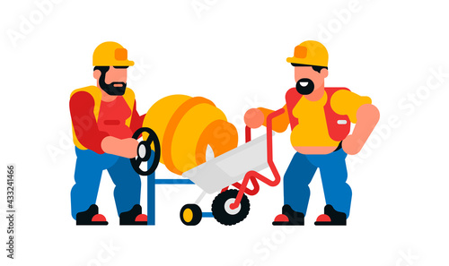 Workers and concrete mixer. Men builders and cement mixer vector illustration isolated on white background.