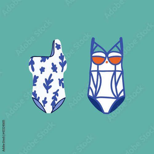 Summer swimwear with a pattern. Illustration of colored beachwear. A collection of beautiful swimwear for a beach party. Vector illustration