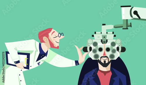 vector illustration - ophthalmologist doing a vision test to a man