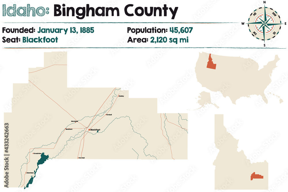 Obraz premium Large and detailed map of Bingham county in Idaho, USA.