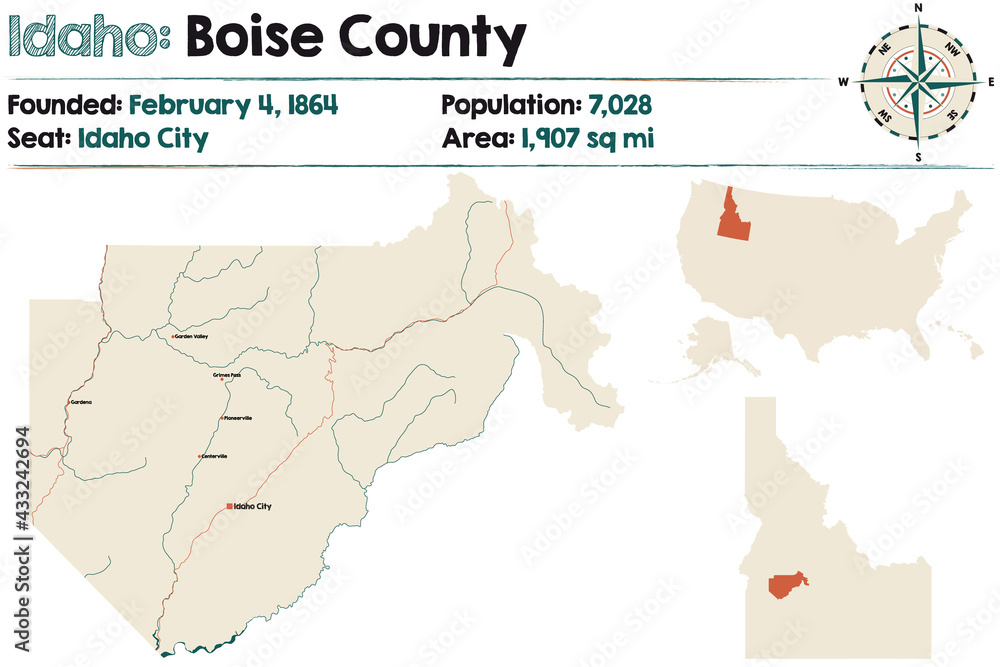 Large and detailed map of Boise county in Idaho, USA.