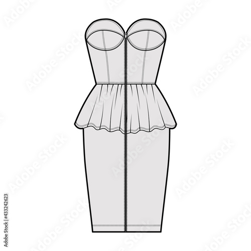 Zip-up peplum bustier dress technical fashion illustration with strapless, cups, fitted body, knee length skirt. Flat apparel front, grey color style. Women, men unisex CAD mockup