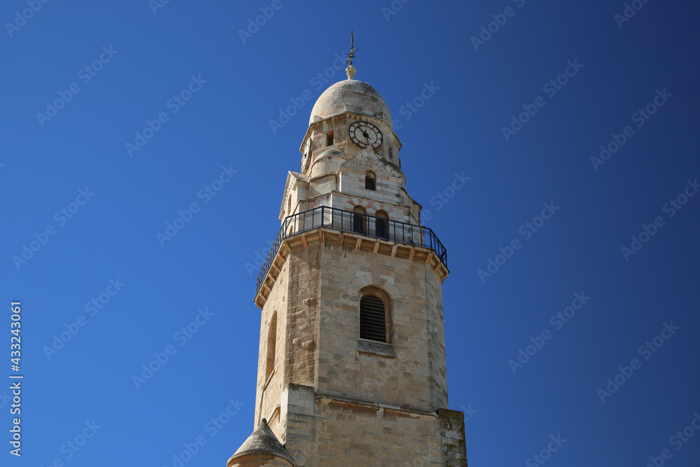 The bell tower of the Church of the Dormitio of Mary in Jerusalem