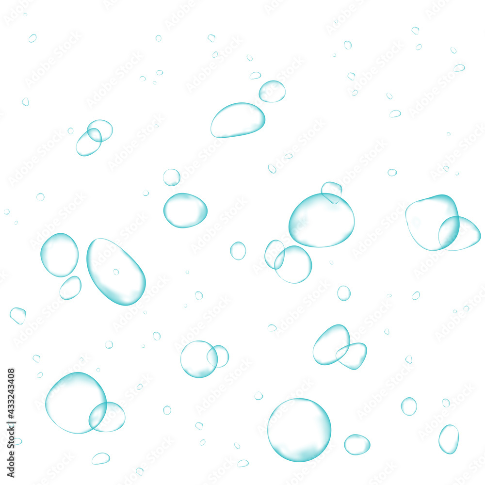 Oxygen air bubbles flow in water on white background. Oxygen air bubbles flow in water on white background.