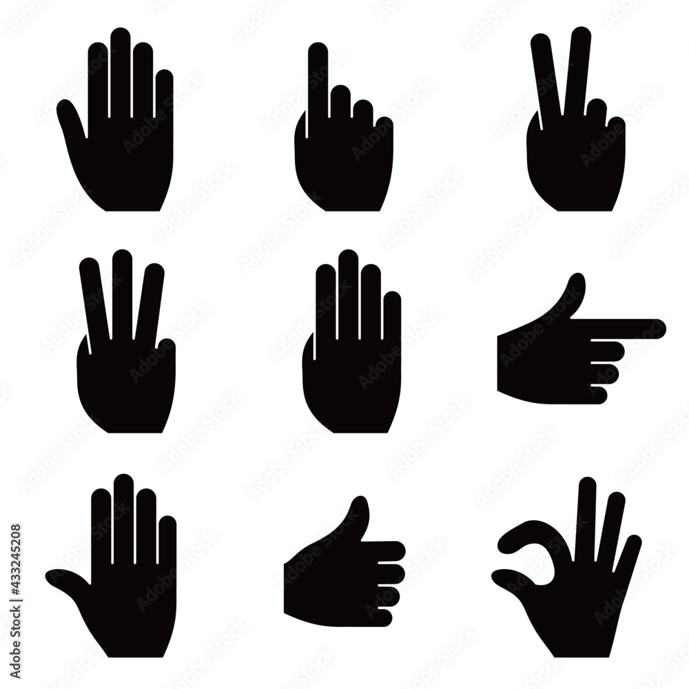 Hand gesture icon. Silhouette on a white background. Vector image. Includes victory, pointing, stop and pass signals. Hand gesture icon. Silhouette on a white background. Vector image. Includes victory, pointing, stop and pass signals.