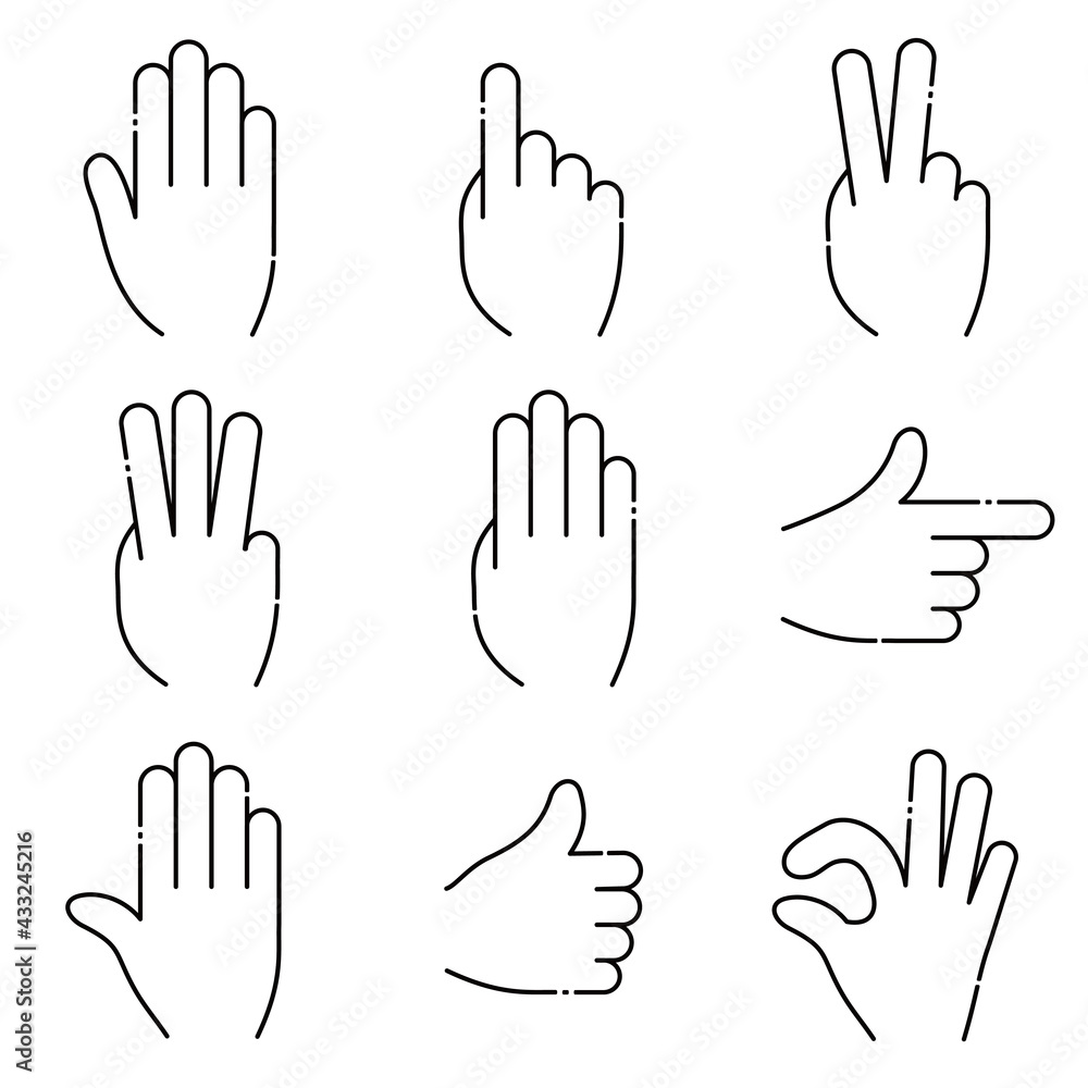 Fototapeta premium Hand gesture icon. A set of line drawings on a white background. Vector image. Includes victory, pointing, stop and pass signals.