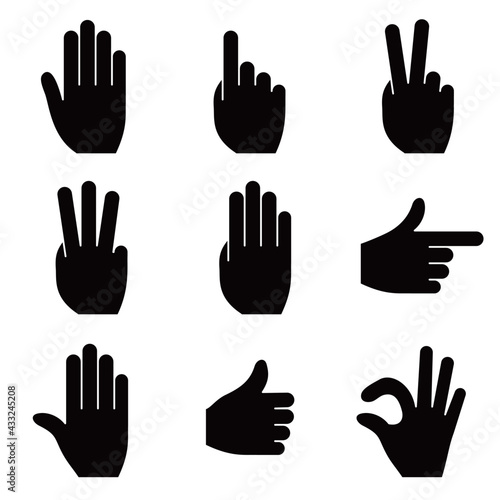 Hand gesture icon. Silhouette on a white background. Vector image. Includes victory, pointing, stop and pass signals.