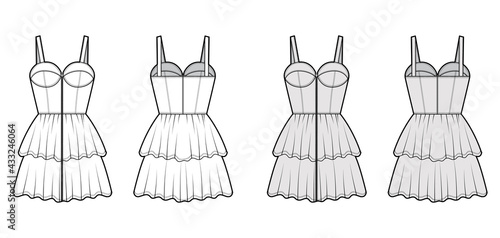 Zip-up bustier dress technical fashion illustration with shoulder straps, fitted body, 2 row mini length ruffle tiered skirt. Flat apparel front, back, white grey color. Women, men unisex CAD mockup photo