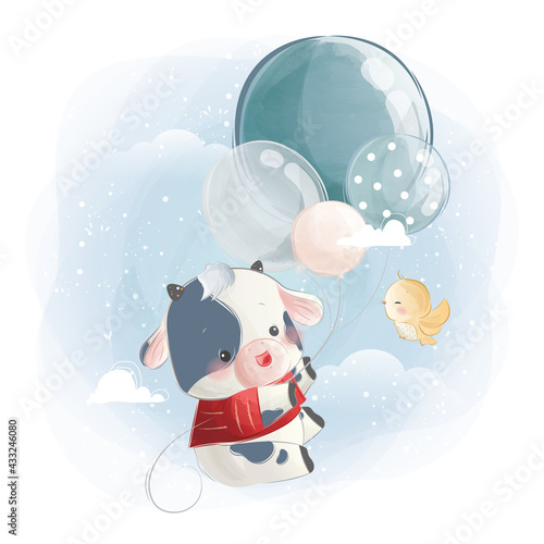 Little Calf Boy Flying with Balloons