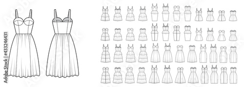 Set of dresses Zip-up bustier peplum technical fashion illustration with sleeveless, strapless, fitted body, knee mini length ruffle tiered skirt. Flat front, back, white color. Women, men CAD mockup