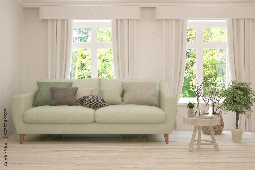 Stylish room in white color with sofa and summer landscape in window. Scandinavian interior design. 3D illustration Stylish room in white color with sofa and summer landscape in window. Scandinavian interior design. 3D illustration
