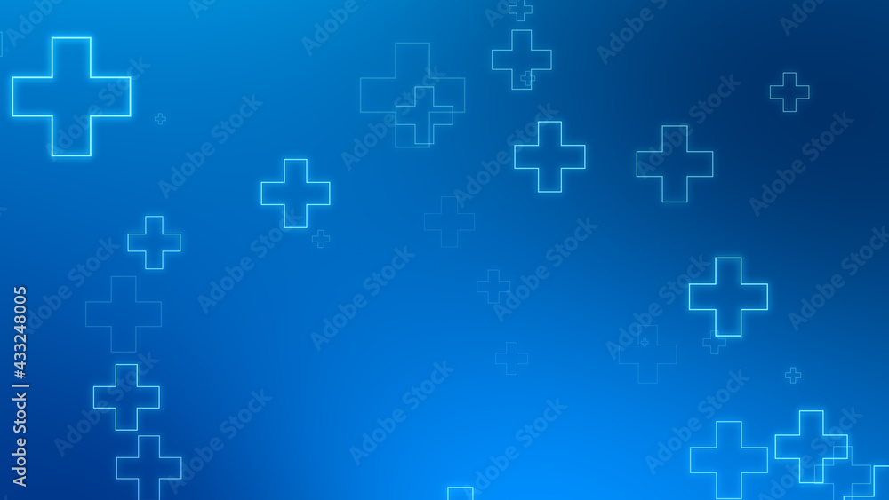 Medical health blue cross neon light shapes pattern background. Abstract healthcare technology and science concept. Medical health blue cross neon light shapes pattern background. Abstract healthcare technology and science concept.