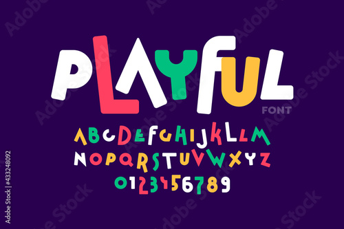 Playful style font design, colorful childish alphabet, letters and numbers vector illustration
