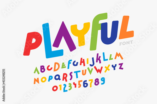 Playful style font design, colorful childish alphabet, letters and numbers vector illustration