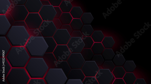 Abstract Futuristic background with hexagons . dark sci-fi hi-tech wallpaper with red lights .