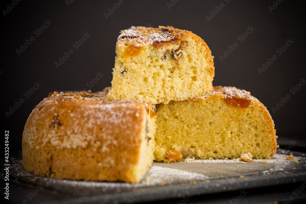 cooked sweet biscuit with dried apricots and nuts inside cooked sweet biscuit with dried apricots and nuts inside