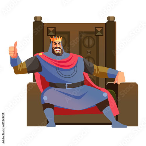 Happy King. Cartoon king sits on throne and gives thumbs up while smiling, cartoon vector illustration isolated in white background