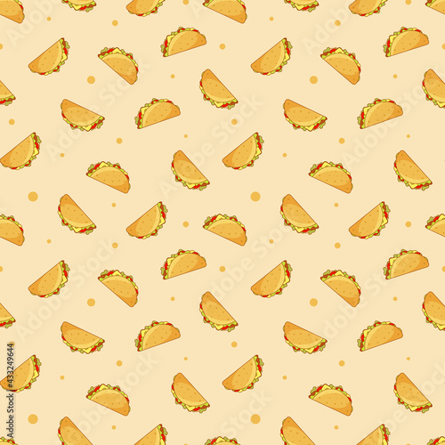 Seamless pattern with mexican tacos in tortilla. Vector illustration in flat cartoon style