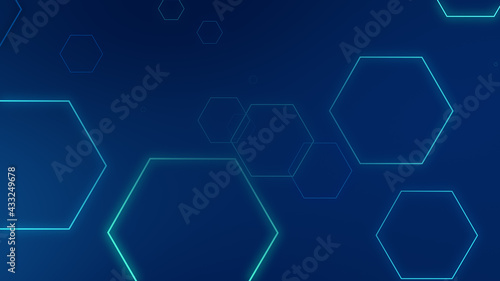 Hexagon geometric blue neon lights technology Hi-tech dark background. Abstract graphic digital future science concept design.