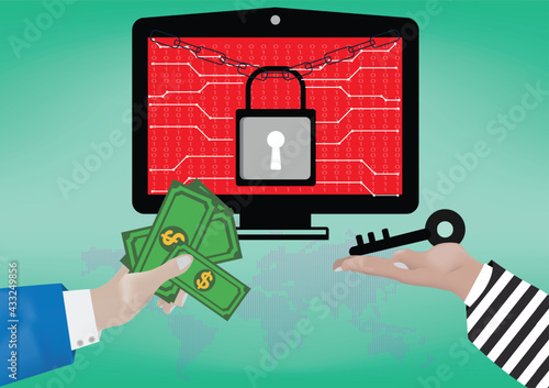 Hand holding money for paying the key from hacker.Ransomware, malware, virus, extortion,data,lock.Vector concept Computer security and technology.
